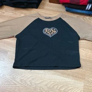 y2k long sleeve baseball shirt - cheetah print/ rhinestones